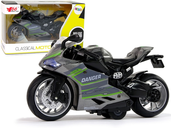 Zabawka LEAN Toys Motocykl sportowy z napędem pull-back ze światłem i dźwiękiem oraz z zielonymi pasami 1:12 Szary 12260 (5905214970369) - obraz 2