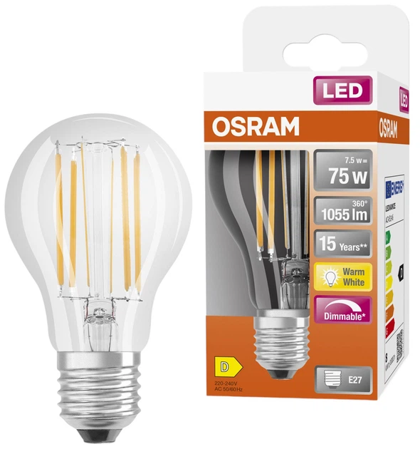 Світлодіодна лампа Ledvance LED Parathom CLA75 DIM 8,5Вт 2700К 1055лм 230В FIL E27 4058075436886 - зображення 2