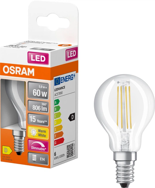 Світлодіодна лампа Ledvance LED CL P60 DIM 6,5Вт 2700К 806лм 230В FIL E14 4058075447875 - зображення 2