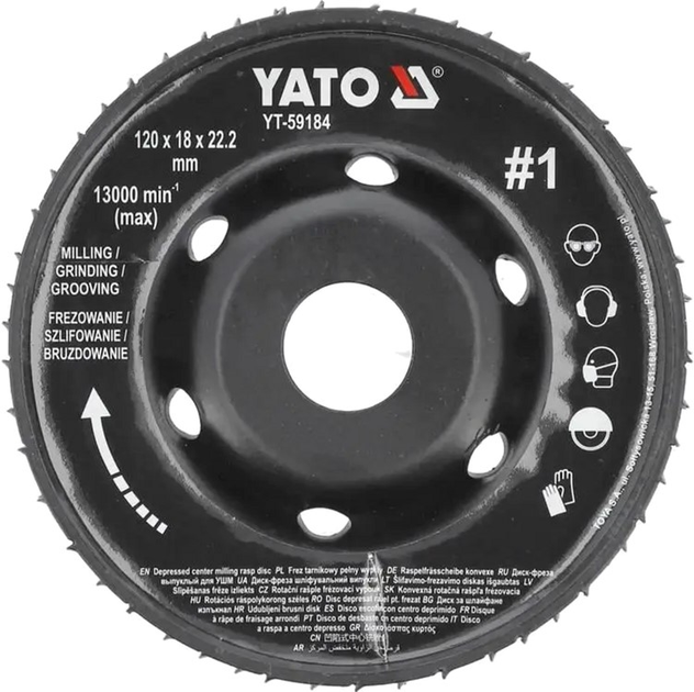 Tarcza frezowa wypukła do KSHM Yato do drewna, szpachli, gipsu; Ø=120/22,2 mm, t= 18 mm szorstkość nr 1 [10] YT-59184 (5906083099625) - obraz 1