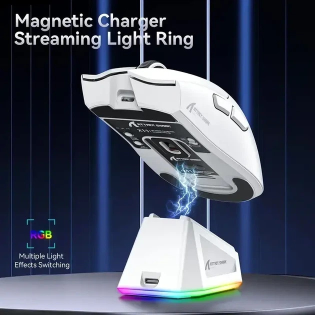 Белая игровая мышь ATTACK SHARK X11 63g (PAW3311, 22000 DPI, Bluetooth/2.4G/USB-C, RGB док-станция) - изображение 5