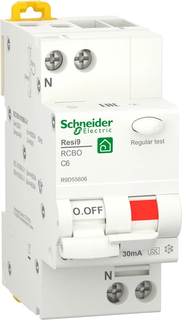 Диференціальний автомат Schneider Electric RESI9 6А 30мA 1P+N 6кA "С" тип А R9D55606 - Фото 1 Диференціальний автомат Schneider Electric RESI9 6А 30мA 1P+N 6кA "С" тип А R9D55606 - зображення 1