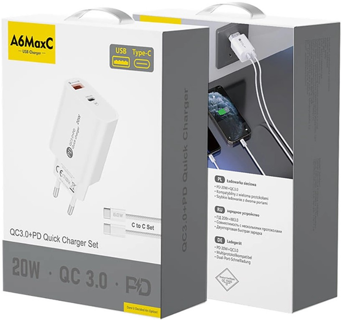 Ładowarka sieciowa Dudao A6MaxC USB-A USB-C 20W + kabel USB-C - USB-C 1m White (6977196680184) - obraz 3