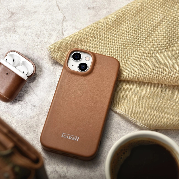 Чохол-книжка iCarer Curved Edge Real Cowhide Premium Leather Folio Case для Apple iPhone 14 Plus Brown (WMI14220715-BN) - зображення 19