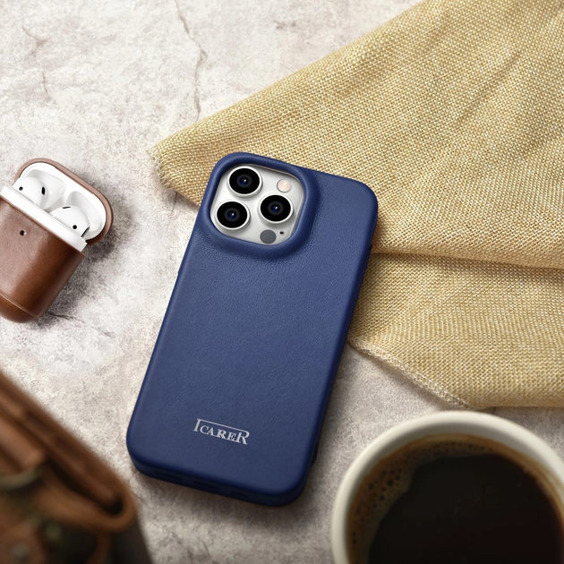 Etui z klapką iCarer Curved Edge Real Cowhide Premium Leather Folio Case do Apple iPhone 14 Pro Blue (WMI14220714-BU) - obraz 19