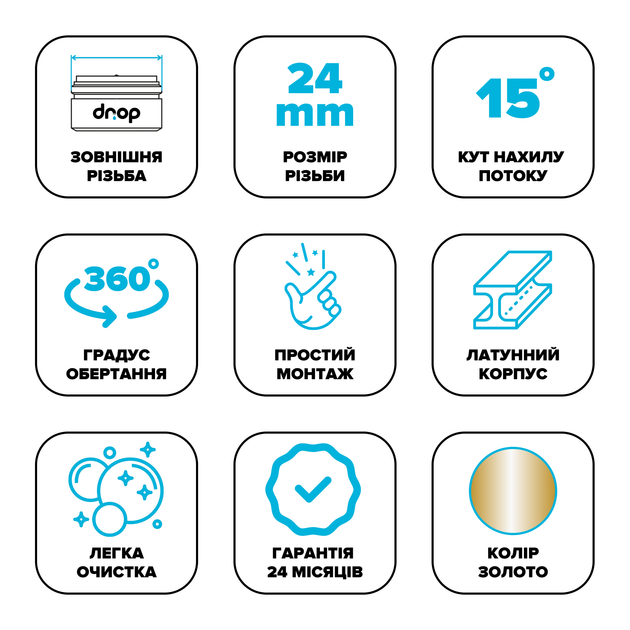 Поворотный адаптер 360° DROP CL360-GLD для смесителя - Угол наклона 15°, внешняя М 24 мм, золотой - изображение 6