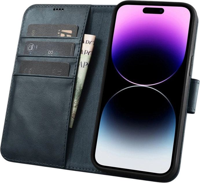 Чохол-книжка iCarer Oil Wax Premium Leather 2in1 Wallet Case з RFID для Apple iPhone 14 Pro Navy Blue (WMI14220722-BU) - зображення 3