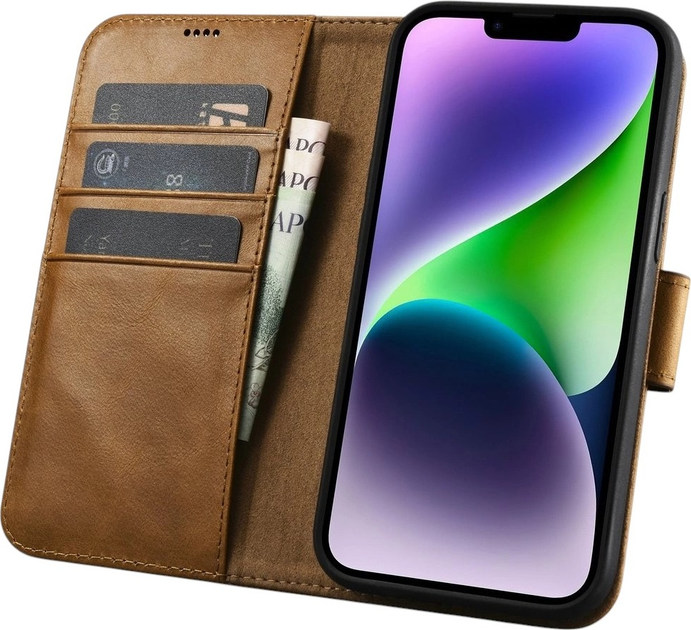 Чохол-книжка iCarer Oil Wax Premium Leather 2in1 Wallet Case з RFID для Apple iPhone 14 Camel Tan (WMI14220721-TN) - зображення 3