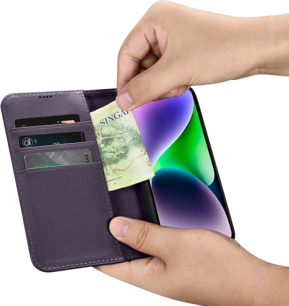 Чохол-книжка iCarer Real Cowhide Premium Leather 2in1 Wallet Case з RFID для Apple iPhone 14 Plus Dark Purple (WMI14220727-DP) - зображення 13