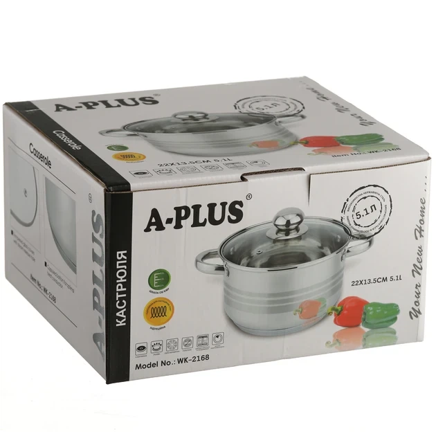 Кастрюля A-PLUS 2168 из нержавеющей стали 5.1 л с крышкой из термостойкого стекла нержавейка - Фото 4 Кастрюля A-PLUS 2168 из нержавеющей стали 5.1 л с крышкой из термостойкого стекла нержавейка - изображение 4