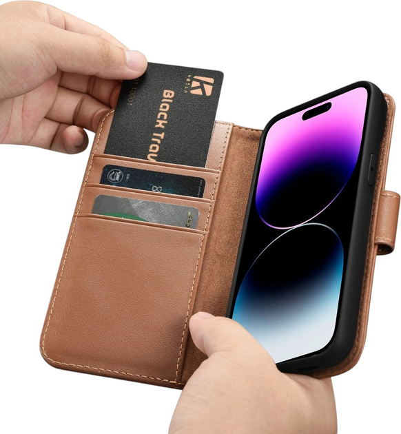 Etui z klapką iCarer Real Cowhide Premium Leather 2in1 Wallet Case z RFID do Apple iPhone 14 Pro Max Brown (WMI14220728-BN) - obraz 16