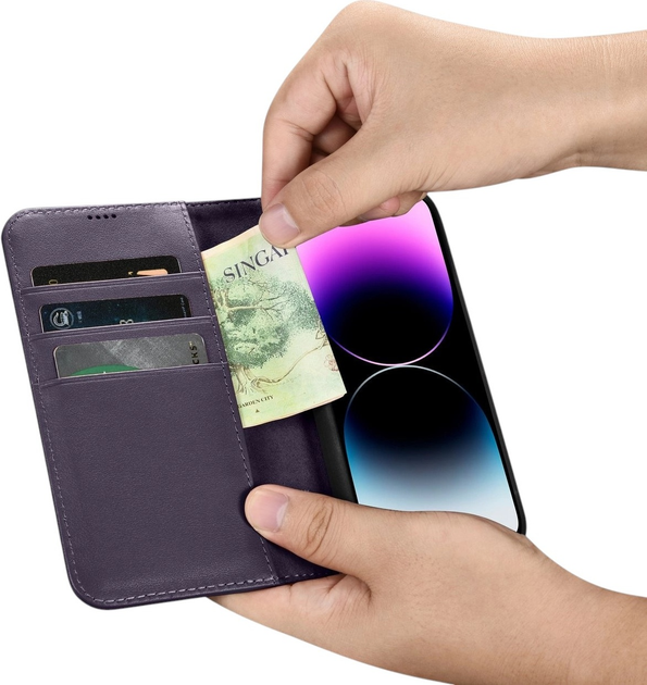 Чохол-книжка iCarer Real Cowhide Premium Leather 2in1 Wallet Case з RFID для Apple iPhone 14 Pro Dark Purple (WMI14220726-DP) - зображення 13