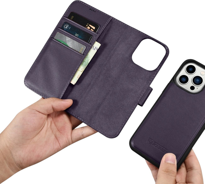 Чохол-книжка iCarer Real Cowhide Premium Leather 2in1 Wallet Case з RFID для Apple iPhone 14 Pro Dark Purple (WMI14220726-DP) - зображення 14