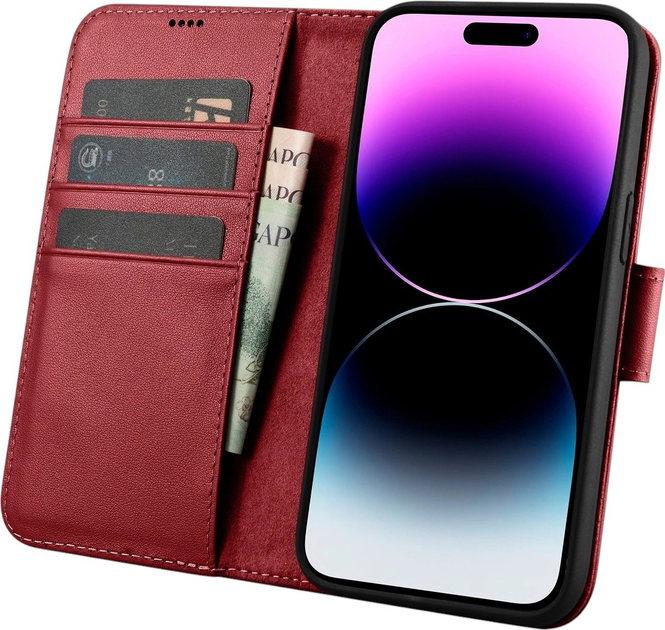 Etui z klapką iCarer Real Cowhide Premium Leather 2in1 Wallet Case z RFID do Apple iPhone 14 Pro Red (WMI14220726-RD) - obraz 3