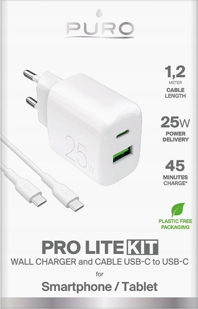 Мережевий зарядний пристрій Puro PROLITE 25W USB-A - USB-C with cable USB-C 1.2m White (8018417498664) - зображення 2