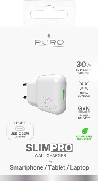 Мережевий зарядний пристрій Puro SLIMPRO 30W GaN USB-C White (8018417488023) - зображення 3