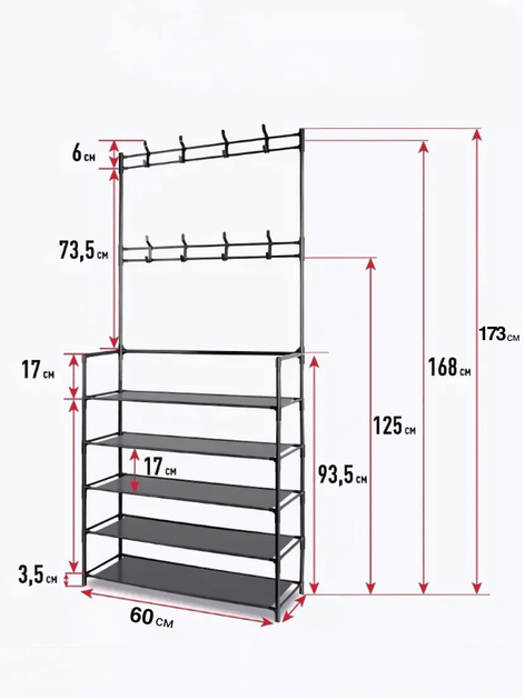 Вішалка підлогова стійка для одягу та взуття металева GTM Clothes Rack 172 х 60 х 26 см Стелаж з полицями для взуття та гачками Black - Фото 2 Вішалка підлогова стійка для одягу та взуття металева GTM Clothes Rack 172 х 60 х 26 см Стелаж з полицями для взуття та гачками Black - зображення 2