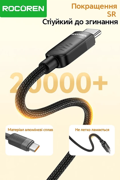 Кабель Rocoren Type-C to Type-C 100W 2м черный в нейлоновой оплетке - Фото 3 Кабель Rocoren Type-C to Type-C 100W 2м черный в нейлоновой оплетке - изображение 3