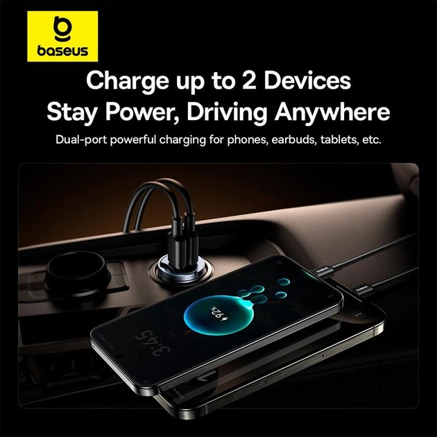 Автомобильный зарядный адаптер Baseus Tiny Star Mini Car Charger |2Type-C, 30W/3A, поддержка быстрой зарядки PD/QC, многоуровневая система защиты, универсальная совместимость, компактный| Черный - изображение 2