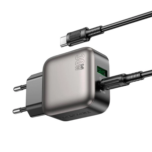 Сетевое зарядное устройство адаптер Borofone BAS55A Absolute charger set |1USB/1Type-C, 30W/3A, быстрая зарядка PD/QC, многоуровневая система защиты| с кабелем Type-C в Type-C |1 м, до 60 Вт| Черный - изображение 8