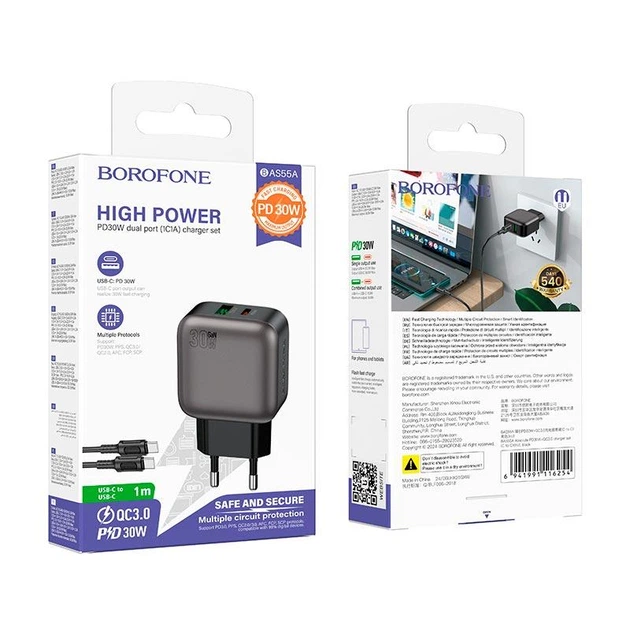 Сетевое зарядное устройство адаптер Borofone BAS55A Absolute charger set |1USB/1Type-C, 30W/3A, быстрая зарядка PD/QC, многоуровневая система защиты| с кабелем Type-C в Type-C |1 м, до 60 Вт| Черный - изображение 9