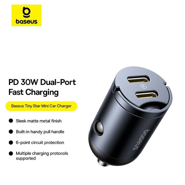 Автомобильный зарядный адаптер Baseus Tiny Star Mini Car Charger |2Type-C, 30W/3A, поддержка быстрой зарядки PD/QC, многоуровневая система защиты, универсальная совместимость, компактный| Черный - изображение 10
