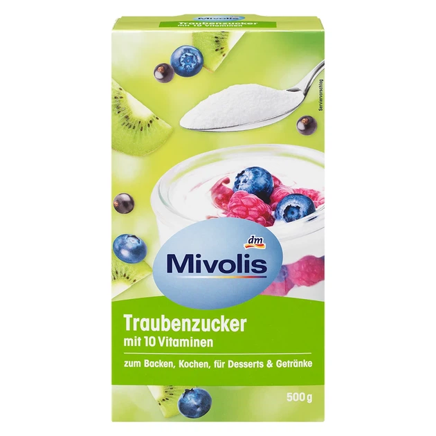 Декстроза Mivolis Traubenzucker для выпечки, приготовления пищи, десертов и напитков с 10 витаминами 500 г, от DM - Фото 1 Декстроза Mivolis Traubenzucker для выпечки, приготовления пищи, десертов и напитков с 10 витаминами 500 г, от DM - изображение 1