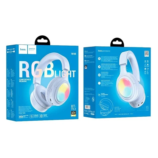 Наушники беспроводные Bluetooth c подсветкой HOCO Focus BT headphones W48 |BT5.3, AUX/BT/TF, 46h| blue - Фото 6 Наушники беспроводные Bluetooth c подсветкой HOCO Focus BT headphones W48 |BT5.3, AUX/BT/TF, 46h| blue - изображение 6