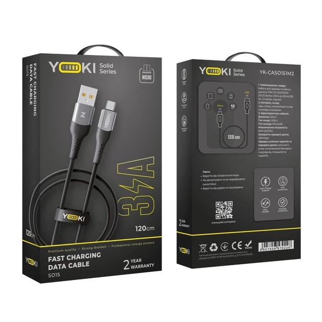 Кабель для зарядки и обмена данными USB YOKI YK-SO15 SOLID Series USB/МicroUSB 60W (3A/20V), 1.2 метра, Черный - Фото 2 Кабель для зарядки и обмена данными USB YOKI YK-SO15 SOLID Series USB/МicroUSB 60W (3A/20V), 1.2 метра, Черный - изображение 2