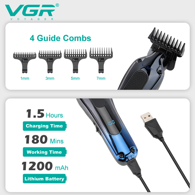 Триммер аккумуляторный для стрижки волос VGR V-998 BLUE, 4 насадки, LED дисплей - изображение 4