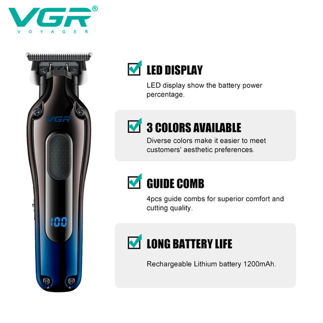 Триммер аккумуляторный для стрижки волос VGR V-998 BLUE, 4 насадки, LED дисплей - изображение 5