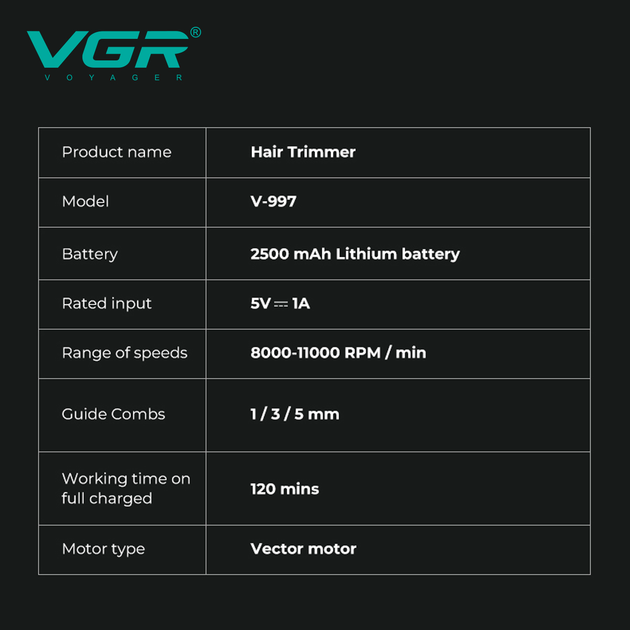 Триммер аккумуляторный для стрижки волос VGR V-997, 8000-11000 RPM, 3 насадки, LED дисплей - изображение 2