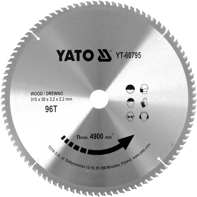 Tarcza widiowa do drewna YATO 315 x 30 x 3.2 x 2.2 mm 96 zębów do 4900 obr./min (YT-60795) - obraz 1
