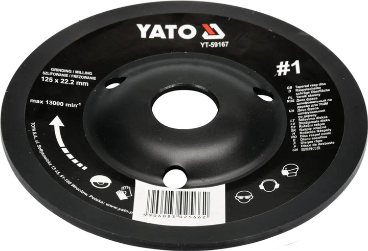 Tarnik skośny YATO do drewna, farby, szpachli, aluminium; Ø=125/22.2 mm, ziarnistość nr 1 [10] (YT-59167) - obraz 1