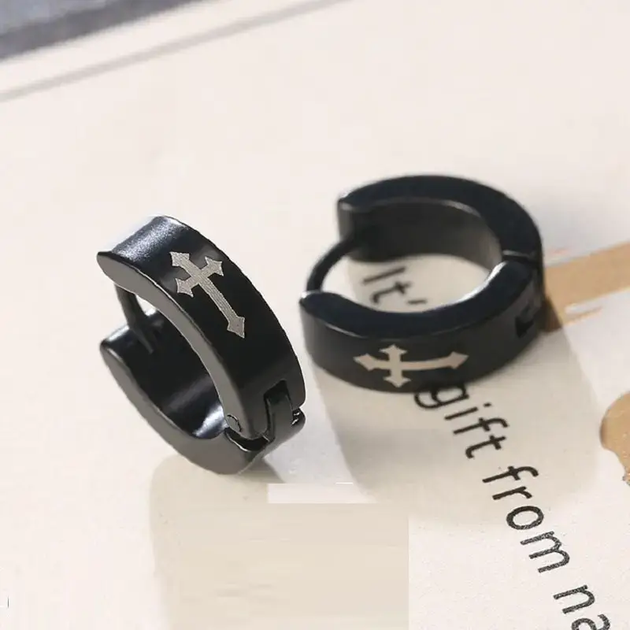 Серьги Spikes крест на одно ухо с крестиком черные из стали мужские 1шт - изображение 3