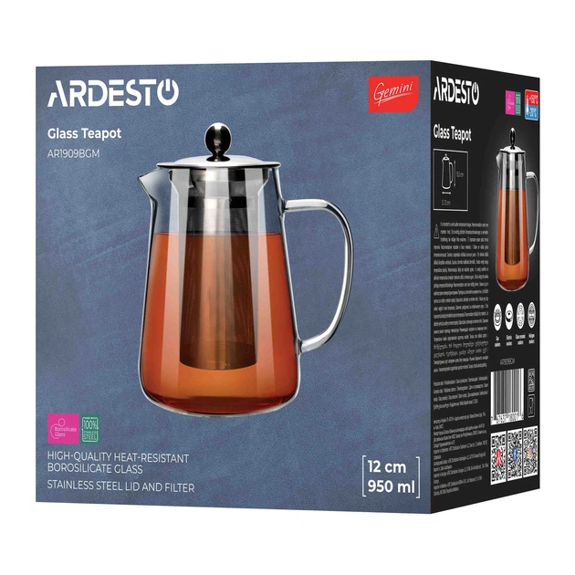 Заварник Ardesto Gemini Milano AR1909BGM 950 мл боросиликатное стекло прозрачный - Фото 2 Заварник Ardesto Gemini Milano AR1909BGM 950 мл боросиликатное стекло прозрачный - изображение 2