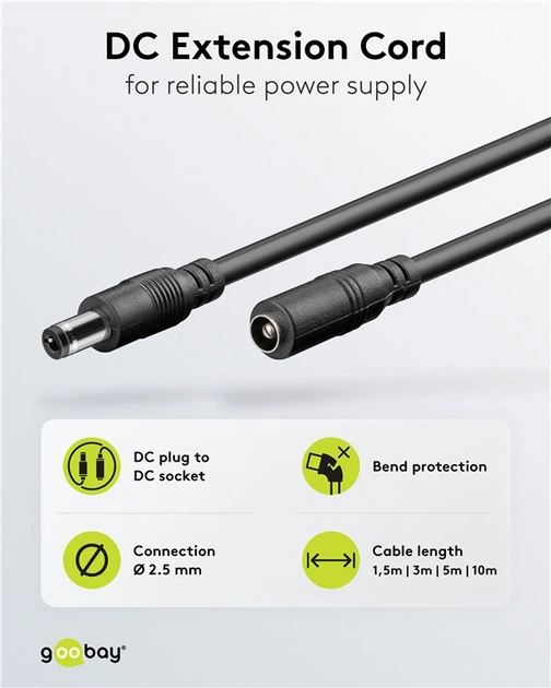 Кабель живлення-подовжувач Goobay Jack DC M/F 1.5m 5.5x2.5mm AWG20 140W 5A Cu чорний(75.07.6672) - Фото 2 Кабель живлення-подовжувач Goobay Jack DC M/F 1.5m 5.5x2.5mm AWG20 140W 5A Cu чорний(75.07.6672) - изображение 2
