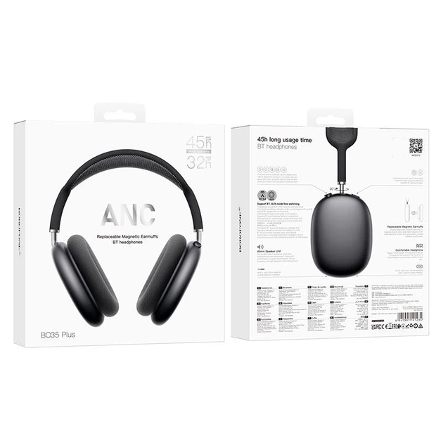 Беспроводные Bluetooth наушники с микрофоном BOROFONE BO35 Plus и активным шумоподавлением ANC, BT5.4. 400mAh, AUX, Type-C, до 45 часов работы Grey - Фото 7 Беспроводные Bluetooth наушники с микрофоном BOROFONE BO35 Plus и активным шумоподавлением ANC, BT5.4. 400mAh, AUX, Type-C, до 45 часов работы Grey - изображение 7