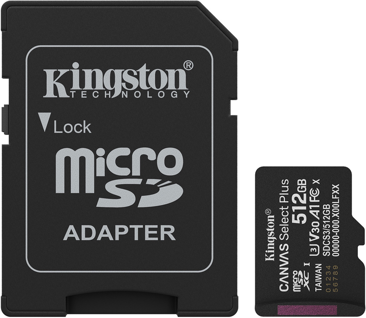 Карта пам'яті Kingston Canvas Select Plus Gen3 microSDXC 512GB Class 10 UHS-I U3 V30 A1 + SD-adapter (SDCS3/512GB) - зображення 1