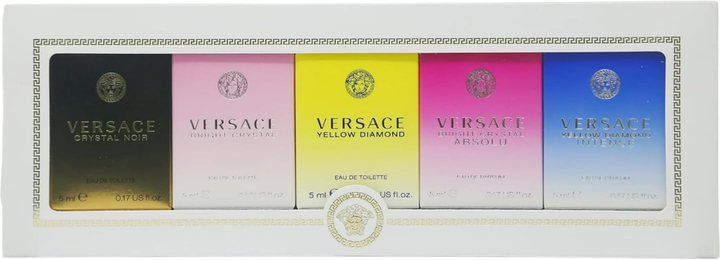Zestaw miniatur damskich Versace Woda toaletowa Crystal Noir 5 ml + Woda toaletowa Bright Crystal 5 ml + Woda toaletowa Yellow Diamond 5 ml + Woda perfumowana Bright Crystal Absolu 5 ml + Woda perfumowana Yellow Diamond Intense 5 ml (8011003874941) - obraz 1