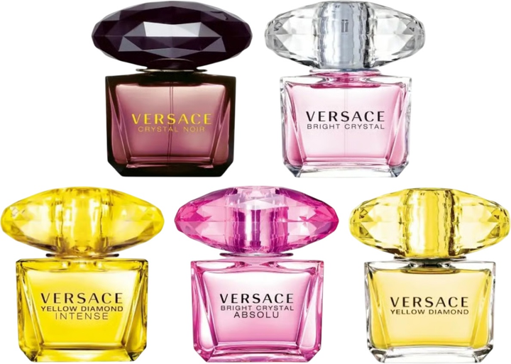 Zestaw miniatur damskich Versace Woda toaletowa Crystal Noir 5 ml + Woda toaletowa Bright Crystal 5 ml + Woda toaletowa Yellow Diamond 5 ml + Woda perfumowana Bright Crystal Absolu 5 ml + Woda perfumowana Yellow Diamond Intense 5 ml (8011003874941) - obraz 2