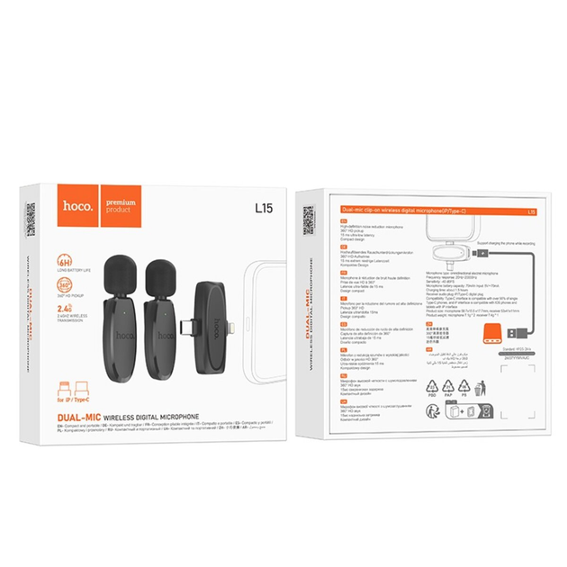 Микрофон-петличка HOCO L15 Dual-mic clip-on wireless digital