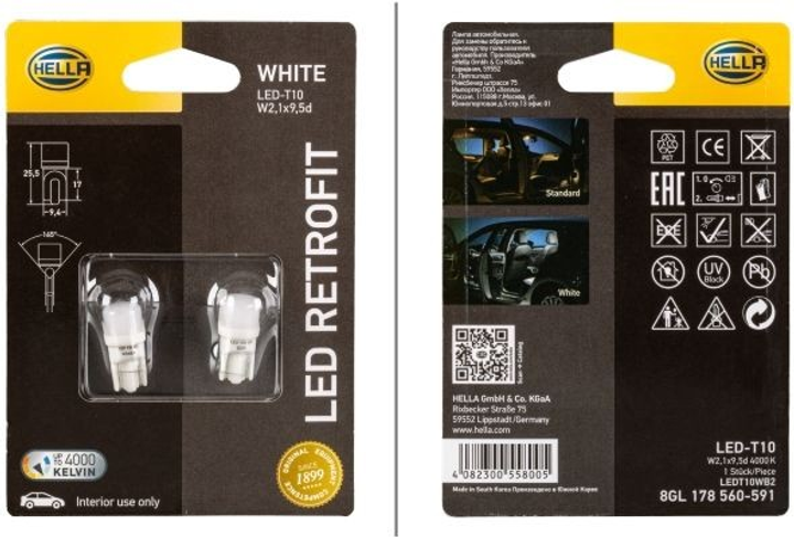 Набір автоламп Hella LED Retrofit T10 1W 12V 2 шт. (8GL178560591) - зображення 2