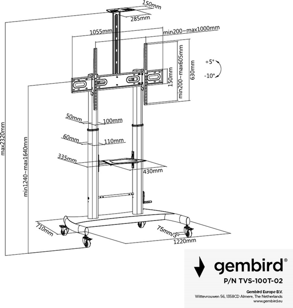 Підлогова підставка для телевізора з роликами Gembird 60"-100" (до 100 кг) (TVS-100T-02) - зображення 12
