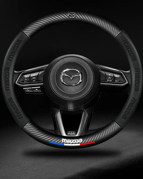 Кожаный чехол на руль Mazda Sport Brend (37-39см),черный с вставкой с углеволокна - изображение 2