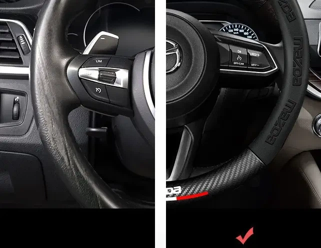 Кожаный чехол на руль Mazda Sport Brend (37-39см),черный с вставкой с углеволокна - изображение 4