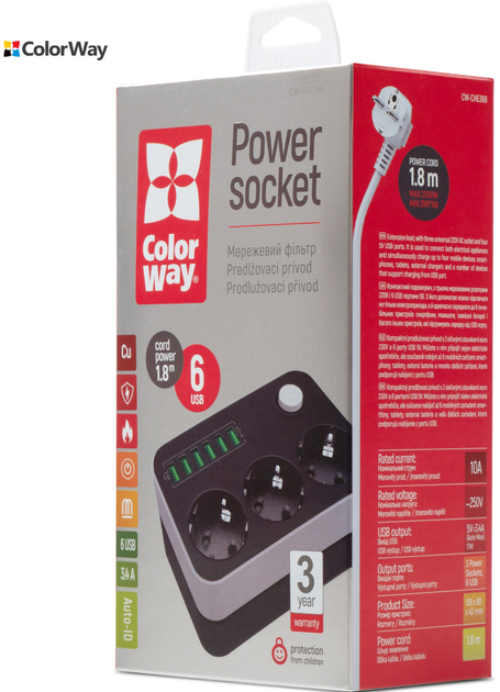 Listwa zasilająca ColorWay 3 gniazda/6 portów USB, czarna (CW-CHE36B) - obraz 6