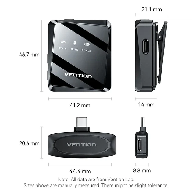 Мікрофон бездротовий, петличний Vention, подвійний, USB Type-C 2-Pack Wireless Lavalier Black (NCBB0) - изображение 9
