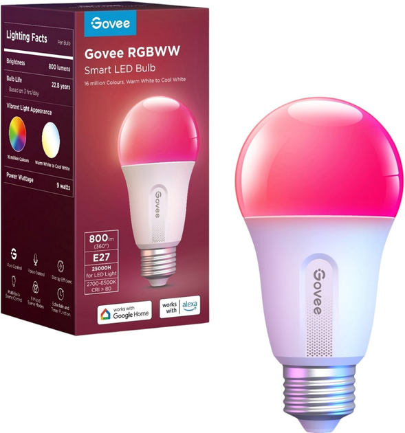 Розумна лампа Govee H6004 E27 9W 800Lm 2700K-6400K RGB Wi-Fi/Bluetooth Біла (H6004CC1) - зображення 2