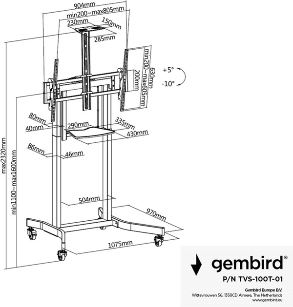 Підлогова підставка для телевізора Gembird 55"-100" (TVS-100T-01) - зображення 9